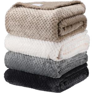 Newwiee 4 Pcs Flanne Fleece Throw Blanket for Bed Couch Large 3D Waffle Textured Soft Blanket Winter Warm Lightweight No Shedding No Pilling Decorative Throw, 50x60 Inch (Natural Color)