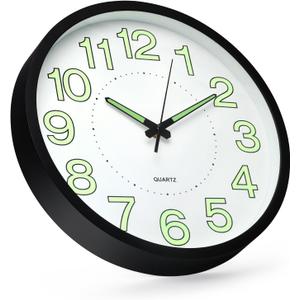 Bakbrand Night Light Wall Clock 12 Inch Non-Ticking Silent Luminous Decor Clock White Round Glow in The Dark Battery Operated Wall Clocks for Home/Garage/Office/Living Room/Bedroom/Kitchen