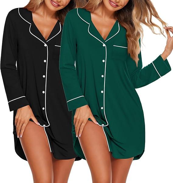 2 Pack Women Nightgowns Button Down Sleepwear Soft Long Sleeve Pajama Women Nightdress V Shaped Neck Sleep Shirts, Size: XXL