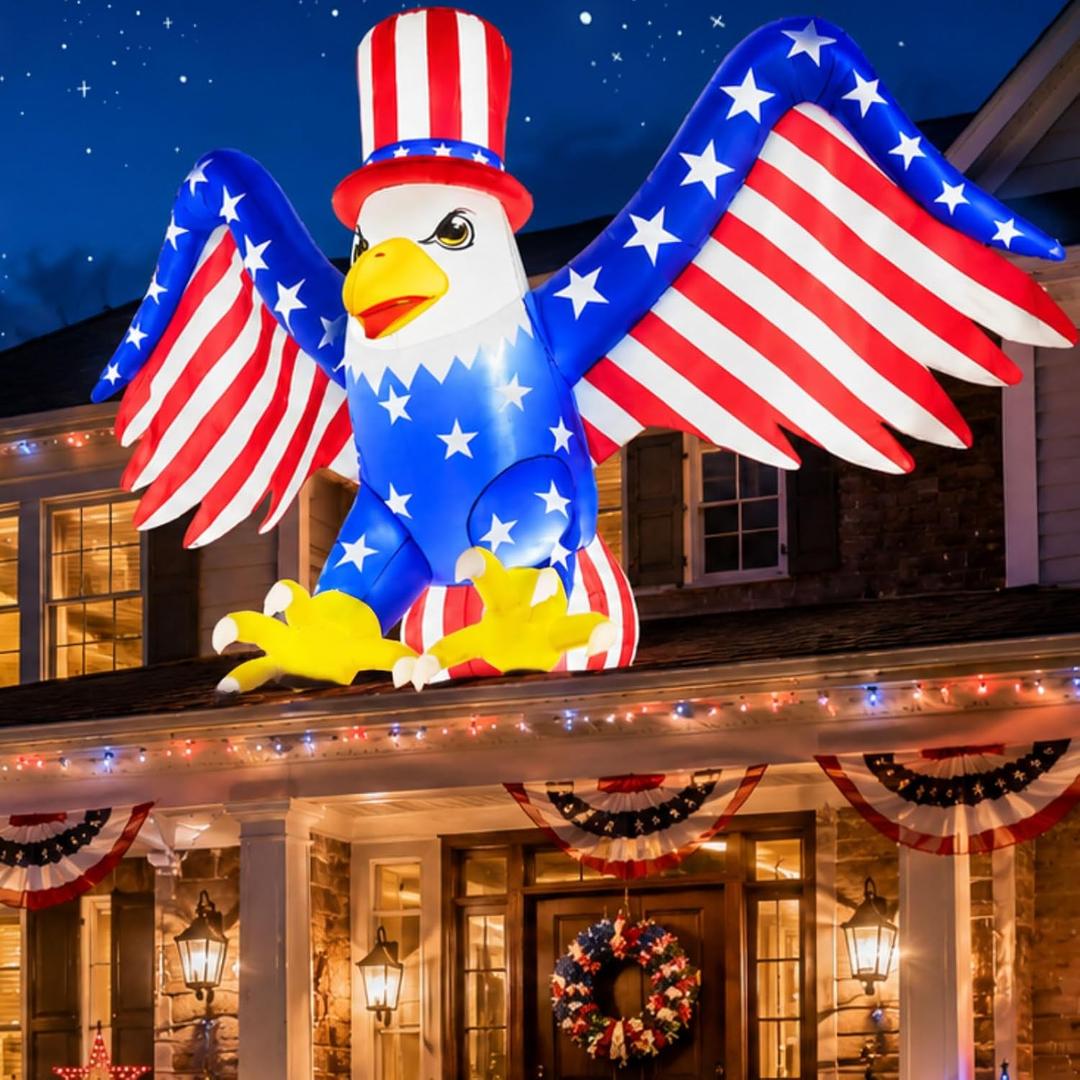 4th of July Inflatable Eagle Decorations 6FT Bald Eagle Blow up Patriotic Inflatables Outdoor Decoration with LED Lights Memorial Independence Day Blowup Decor for Yard Lawn Garden Party
