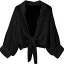 Women's Tie Front Chiffon Blouses Long Lantern Sleeve See Through Dressy Casual Shirts Cardigan (Black, XL)