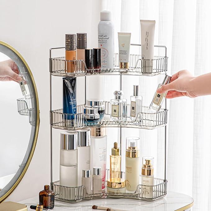 Aveniee Corner Bathroom Counter Organizer, Bathroom Countertop Shelf Makeup Storage, Clear Perfume Tray Holder (3 Tiers, White)