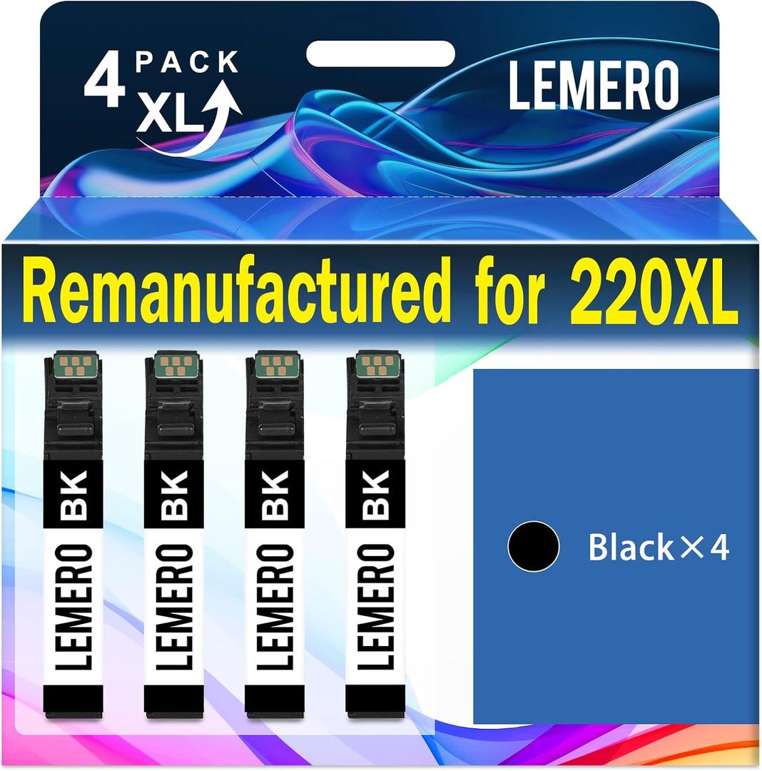 LEMERO Remanufactured for 220 220XL Ink Cartridge Replacement for 220 XL 220XL T220XL for Workforce WF-2760 WF-2750 WF-2630 WF-2650 WF-2660 XP-320 XP-420 Printer, 4 Pack