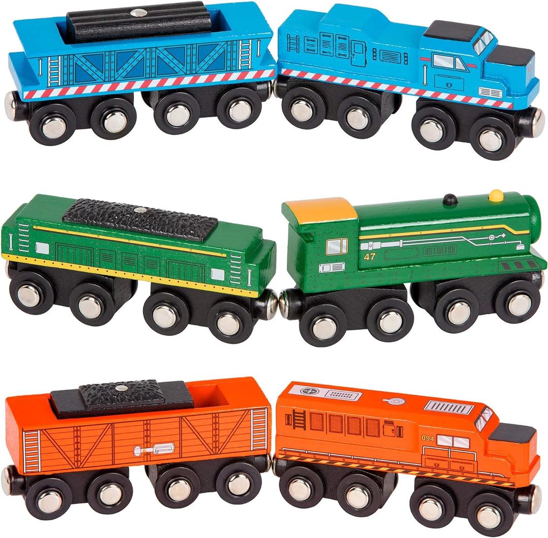 Battat  Classic Trains  6 Pieces Wooden Railroad Set  Magnetic Toy Trains  Train Engines & Cars  3+ Years Wooden Locomotives & Freight Cars