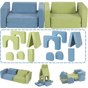 Kids Couch, Modular Kids Play Couch with 1000+ Building Options, Super Comfy Convertible Sofa for Playroom, Ideal Gift for ChildrenBlue/Green