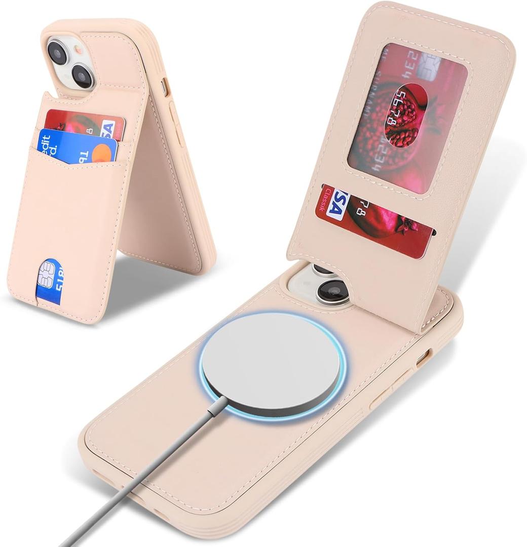 case for iPhone 15 magsafe Wallet Compatible with Card Holder Back Credit Slots PU Leather Stand Shockproof Phone Cover for Women and Men-Off-White