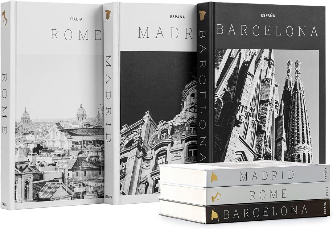 Set of 3 XL Decorative Blank Hardcover Books for Decoration - Great for Tabletops, Coffee Tables, & Bookshelves - City Theme Minimalist Home Decor - Madrid, Rome, Barcelona