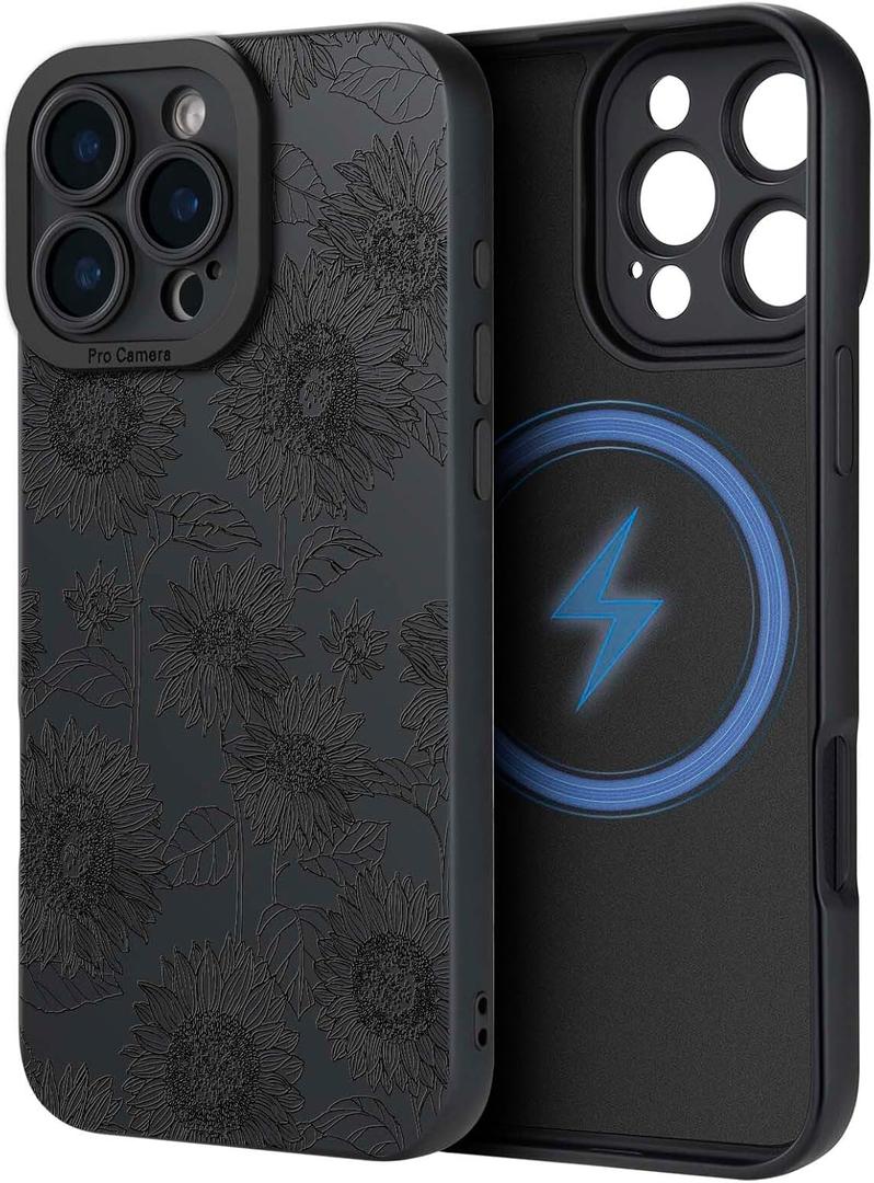 Case for iPhone 16 Pro Max [Compatible with MagSafe] Built in Magnetic Cute Girly Sleek Print Boho Aesthetic Style Design for Women Girls Flowers Floral Black Sunflower Soft TPU Protective Shockproof
