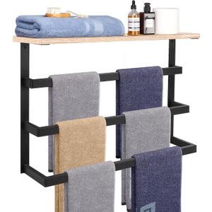 NearMoon Hanging Towel Rack for Bathroom, Thicken Metal Towel Holder with Wood Shelf, 3-Tier Towel Bar Storage, Wall Mounted Towel Hangers Bath Decor Organizer Accessories (24 Inch, Matte Black)