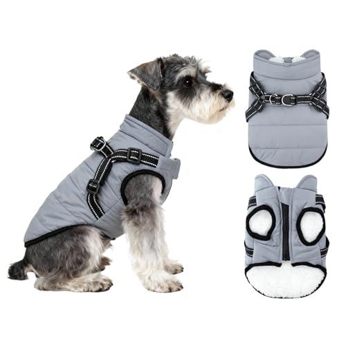 Dog Coat with Harness,Waterproof Dog Winter Jacket with Harness Built in Puppy Cold Weather Coats with Zipper Warm Fleece Dogs for Small & Medium Large Dogs(Gray,M)