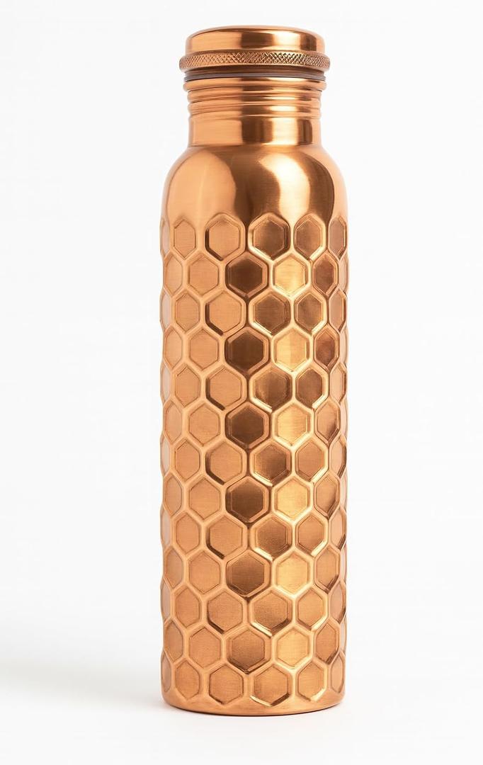 Pure Copper Water Bottle Embossed Honeycomb - 32 oz | Handmade Ayurvedic Copper Vessel for Health & Wellness | Leak-Proof, BPA-Free, Eco-Friendly Gift Bottle
