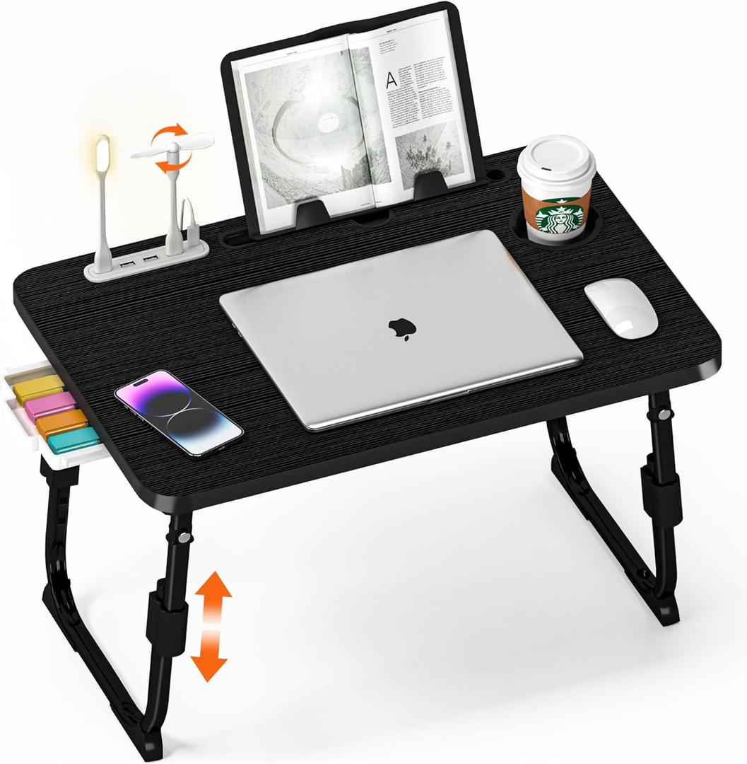 DECOSIS Laptop Desk for Bed Height Adjustable, Lap Bed Table with USB/Storage Drawer/Cup Holder/Tablet Stand/Book Shelf, Foldable Breakfast Tray Portable for Reading Writing, Bed, Sofa & Floor, Black