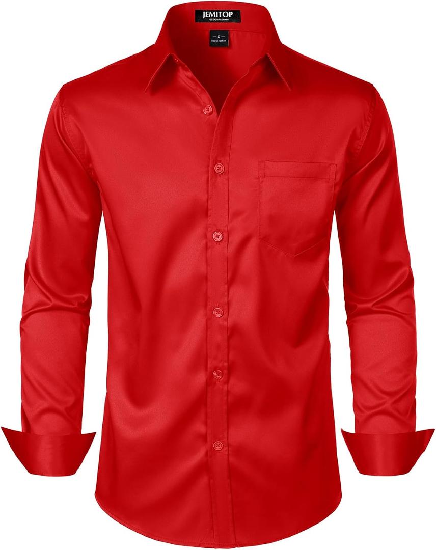 JEMITOP Men's Stretch Slim Fit Dress Shirts Formal Wedding Prom Business Long Sleeve Button Down Shirt with Pocket, Large