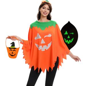 2 x 3 PCS Glow in the Dark Pumpkin Costume for Women - Halloween Outfit with Headband, Candy Bag, Wrinkle-Resistant Poncho (One Size, Fits Over Sweaters)
