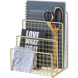 3 Slots Letter Holder, Metal Multifunctional File Holder for Mails, Books, Brochures and Postcards, Desktop Office Organizer Decoration, 5.6 x 3.7 x 7.0, Gold
