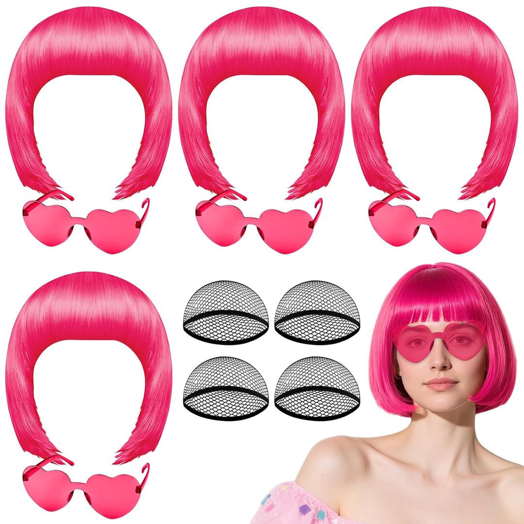 PLULON 4Pcs Hot Pink Bob Wigs with Heart Plastic Sunglasses Hair Cap for Women, Neon Short Bob Wig Colored Funny Cosplay Hair for Women Men Daily Bachelorette Halloween Costume Party Decorations