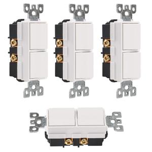 Duplex Rocker Combination Decorator Switch,4 Pack 120VAC 15Amp,Ground Terminal,Residential/Commercial Grade,2 Individual Switches,UL Listed