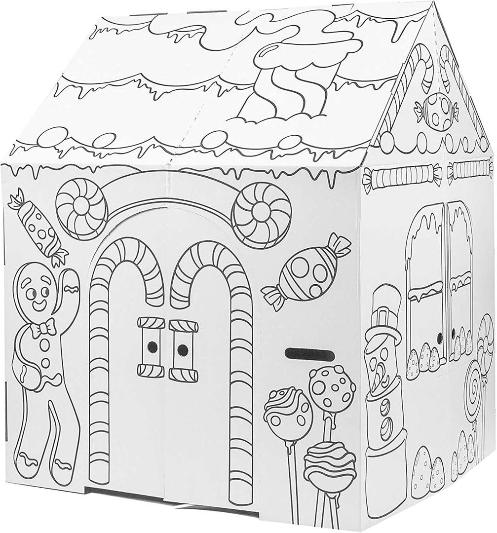 Easy Playhouse Gingerbread House - Kids Art & Craft for Indoor Fun, Color Favorite Holiday Sweets & Winter Friends Decorate & Personalize a Cardboard Fort, 32" X 26. 5" X 40. 5", Small