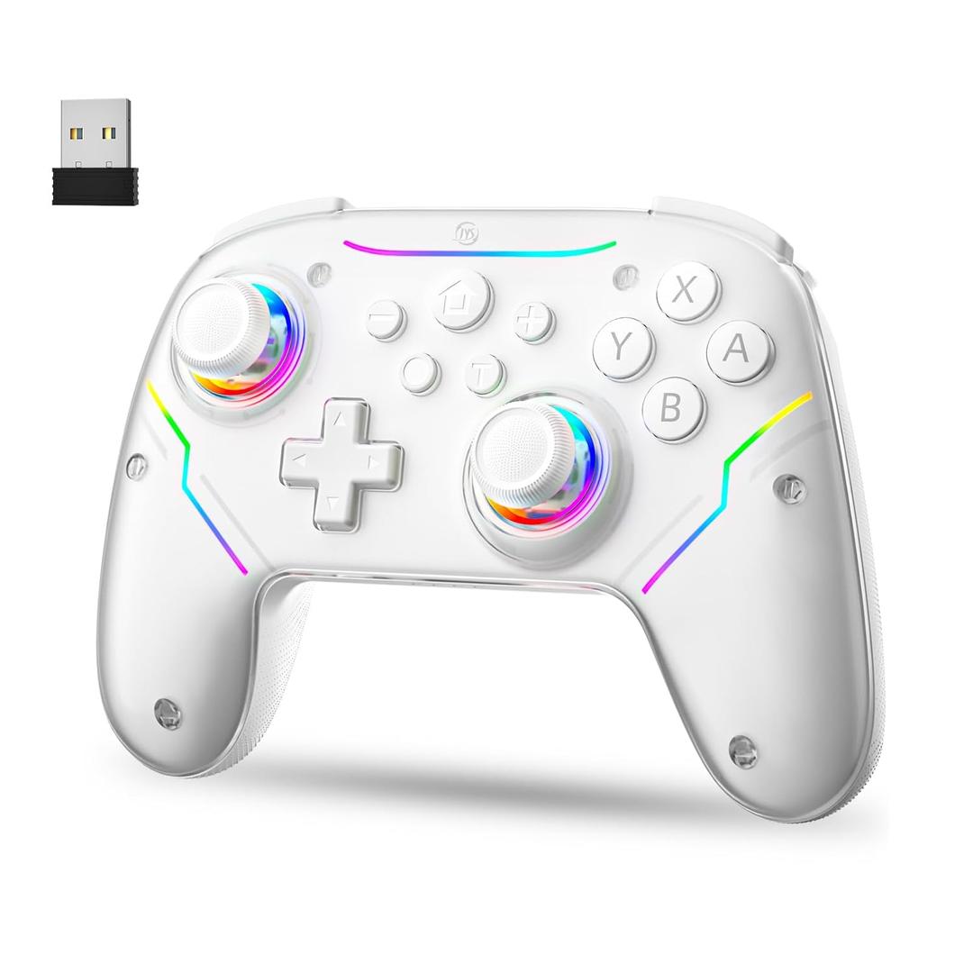 JDDWIN Wireless Controller for Switch 2/Switch/PC/Steam Deck, Hall Effect Joysticks & Triggers/Wake-up Function, Gamepad with RGB Light /Turbo/Programmable/ Dual Vibration Bluetooth USB Adapter for PC (White)