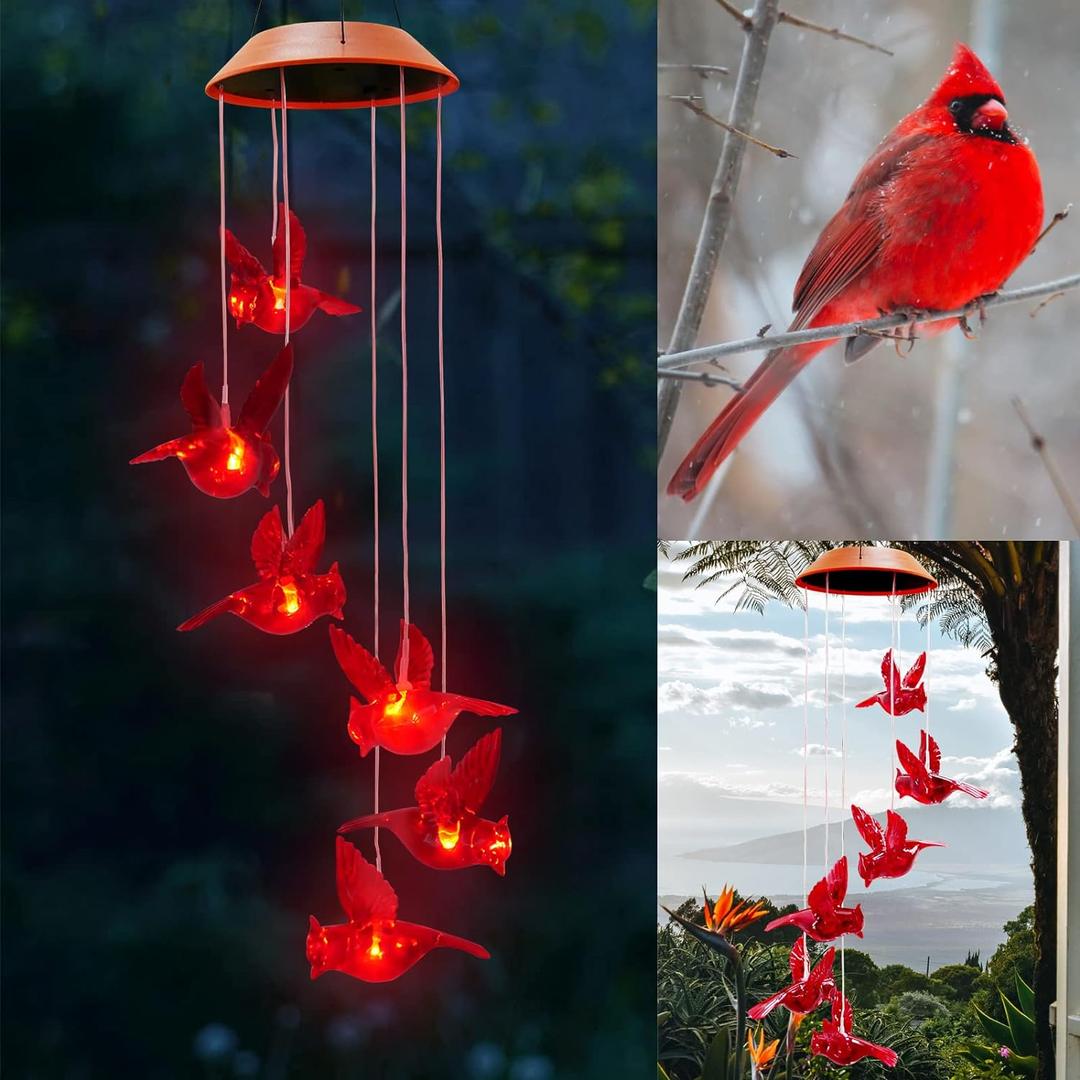 Cardinal Solar Wind Chimes for Outside, Solar Powered Red Bird Chime Light, Cardinal Gifts for Mother Mom Grandma Women Birthday, Hummingbird Decor for Patio, Deck, Yard, Garden, Home