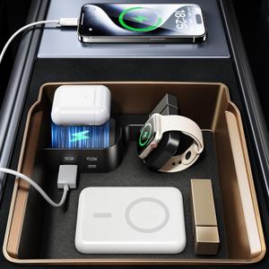 Tesla USB Hub Charger & Center Console Organize for Model 3 Highland 2024-2025 & New Model Y Juniper, 4-Port Docking Station for Phone/Headphones/Watch/Tablet Charging Storage Accessories