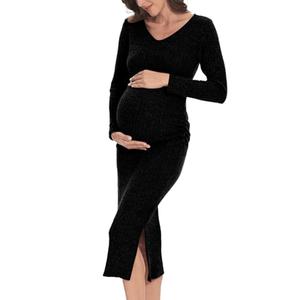 LAHILO Long Sleeve Maternity Sweater Dress for Fall Winter Baby Shower & Photoshoot - Women's Pregnancy Maternity Dresses A-Black 2XL