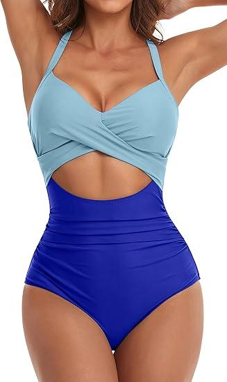Eomenie Women's One Piece Swimsuits Tummy Control Cutout High Waisted Bathing Suit Wrap Tie Back 1 Piece Swimsuit Blue S