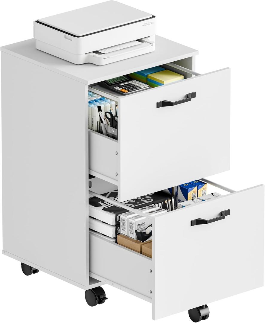 DUMOS 2 Drawer Filing Cabinet, Rolling Under Desk Storage, White, 16.5''W x 15.7''D x27.6''H
