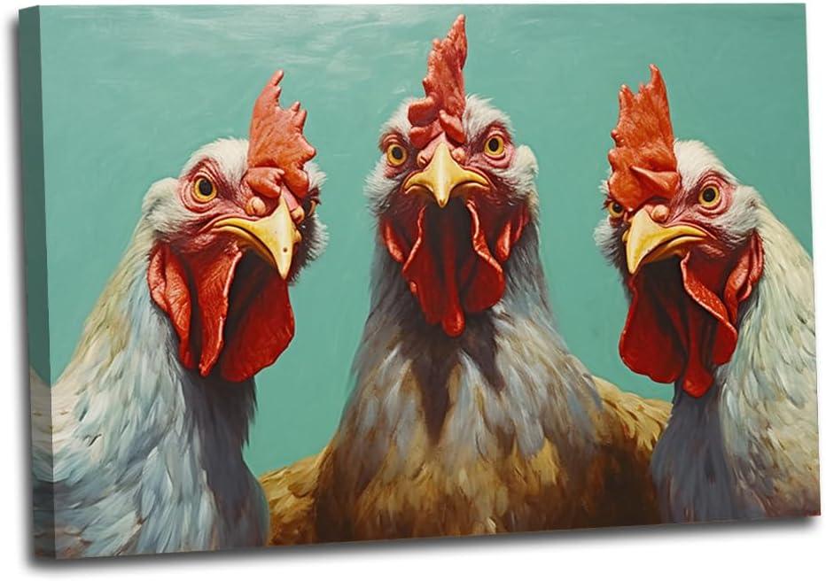 Rooster Canvas Wall Art Farmhouse Chicken Picture Wall Art Funny Animal Artwork Painting Prints for Living Room Decor Framed(Animal-1,16x24inch (40x60cm))