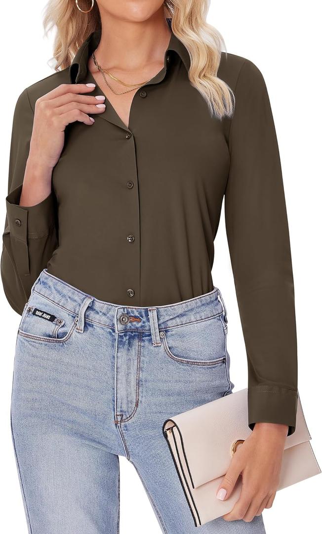 siliteelon Button Down Shirts for Women Slim fit Long Sleeve Stretch Dress Shirts Work Shirt Wrinkle Free Office Blouses (XX-Large, Coffee Brown)