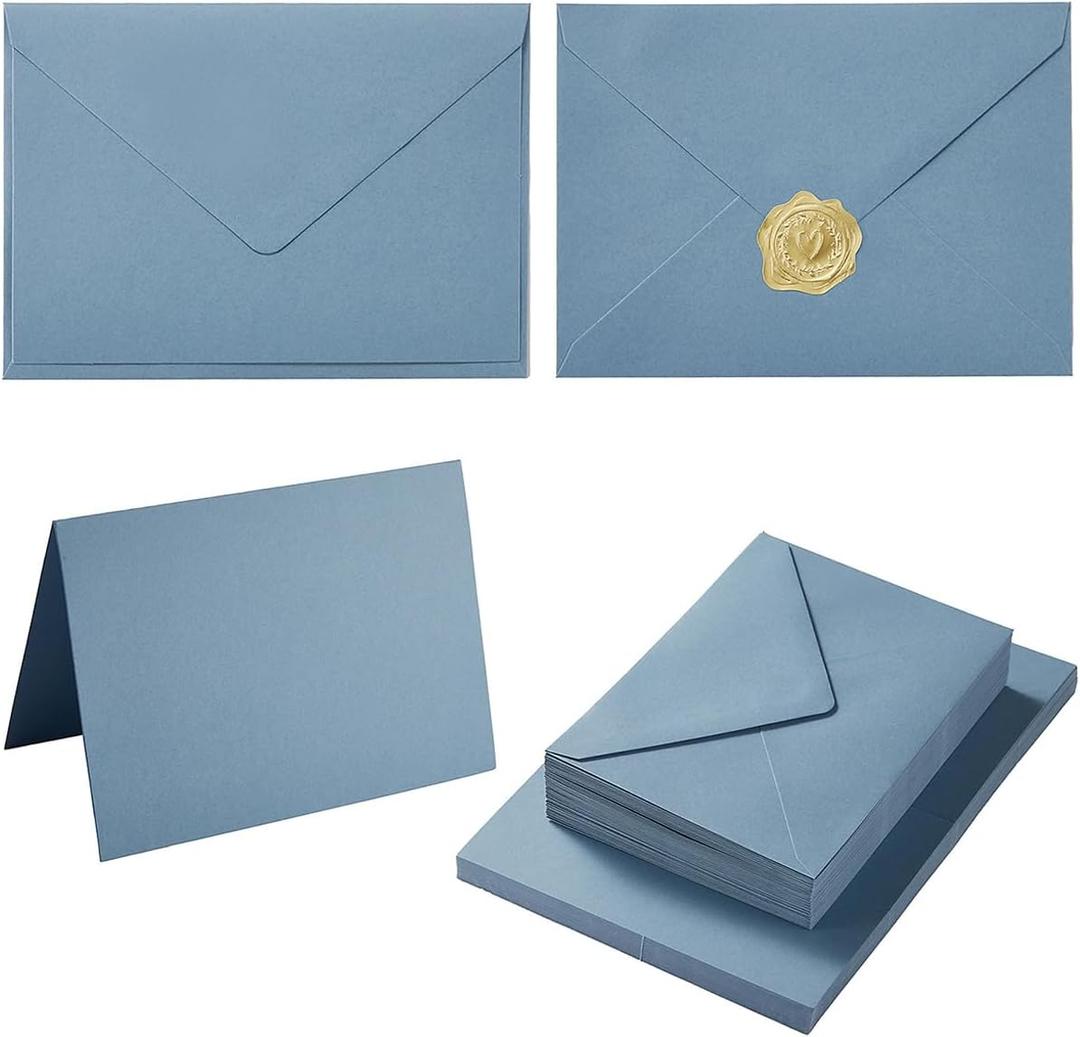 50 Pack Dusty Blue A7 Envelopes with Cards 5x7 Thick Folded Cardstock and Gold Stickers for Greeting Cards, Wedding, Birthday, Invitations, Baby Showers (Dusty Blue, 5x7)