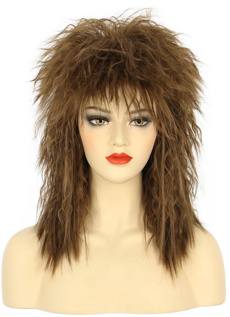 karlery Women Men Long Curly Brown Wig 70s 80s Rocker Mullet Costume Wig Halloween Cosplay Party Wig