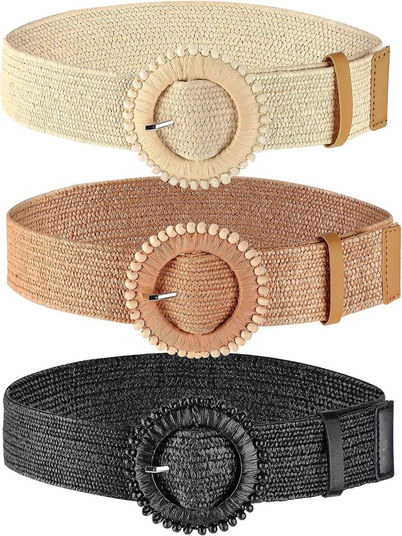 WILLBOND 3 Pcs Women Straw Stretch Belt Elastic Rattan Belts Straw Boho Raffia Belts for Ladies Woven Waist Belt for Dresses, Size: Medium