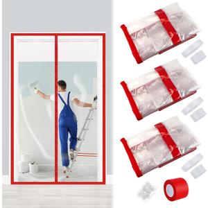 Preboun 3 Sets Magnetic Dust Barrier Zipper Door Kit 4' x 7.5' Construction Plastic Dust Barriers Plastic Door Curtain for Construction Self Closing Curtain for Doorways Room (Red)