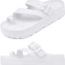 Womens Platform Sandals with Arch Support, Adjustable Buckle Beach Sandal Woman Comfort Lightweight Ultra Cushion EVA Slides (7, Clip Toe Ring Straps-white)