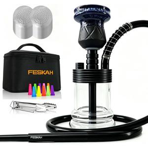 Portable Hookah Set with Everything - Small Glass Hookahs Mini Shisha Kit with Carrying Case, Handmade Stone Hookah Bowl & 10 Mouth Tips - Premium Handle Shisha Pipe for Car, Travel & Home (Black)
