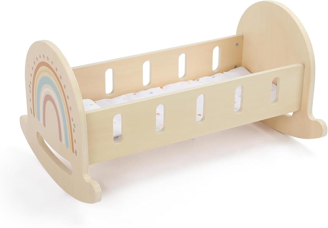 FReniland Wood Rocking Doll Crib for Dolls up to 18 Inches, Wooden Baby Doll Bed Dolls Cradle with Blanket & Pillow, Classic Pretend Play Toy for Kids Ages 3+