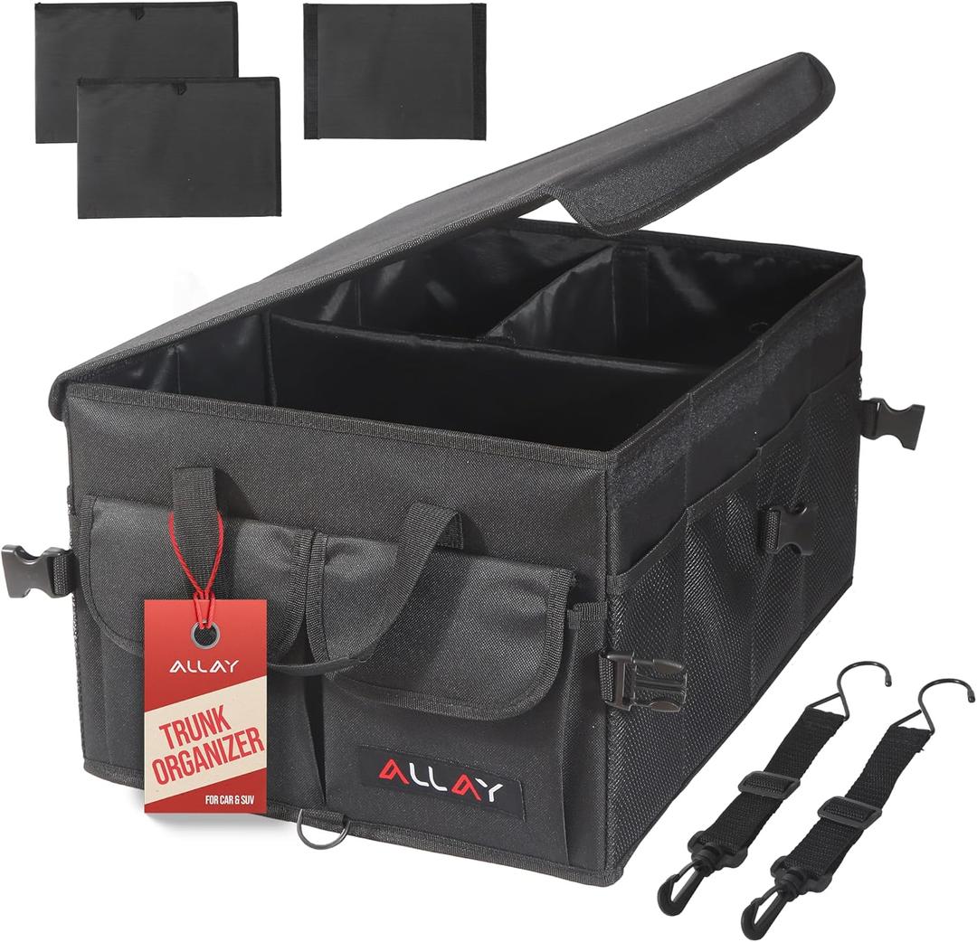 ALLAY Trunk Organizer for Car with Lid  Foldable SUV Trunk Organizer  Multi-Compartment Car Box and Storage  800D Oxford Truck Bed Shelf with Securing Straps, Non-Slip Bottom 65L