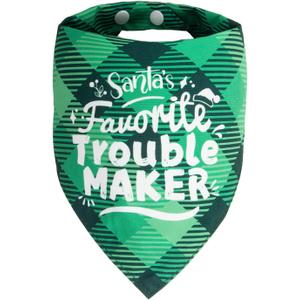 Christmas Dog Bandanas - Santa's Favorite Trouble Maker, Naughty & Nice List Print Pet Holiday Scarf Costume Gift, Green Plaid, Small & Medium Breed, 5-25lbs