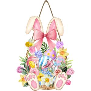 Happy Easter Wreaths for Front Door Easter Eggs Wooden Hanging Sign Cute Bunny Door Hanger Sign Spring Flower Rustic Pink Decorations for Home Front Porch Yard Window Wall Farmhouse 11.8x7.9 Inch