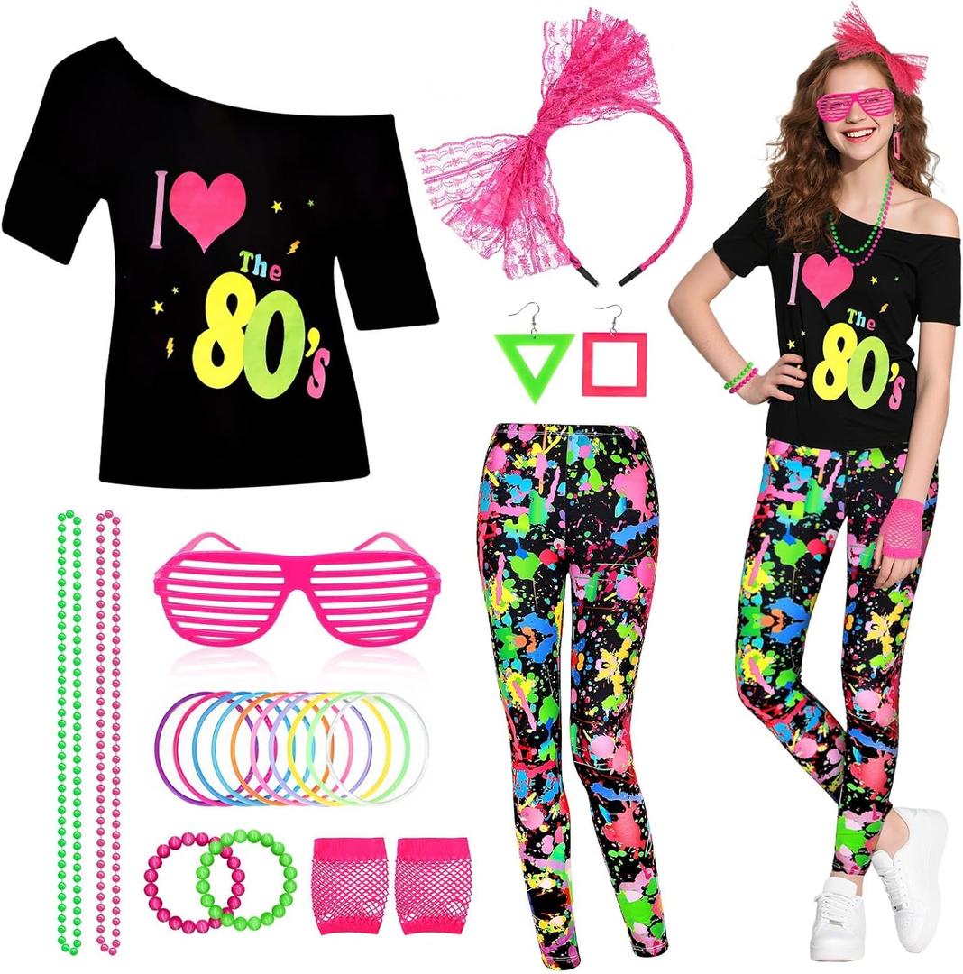 80s Costume Set for Women, 80s Fancy Dress Set for Retro Party (Medium, Green)