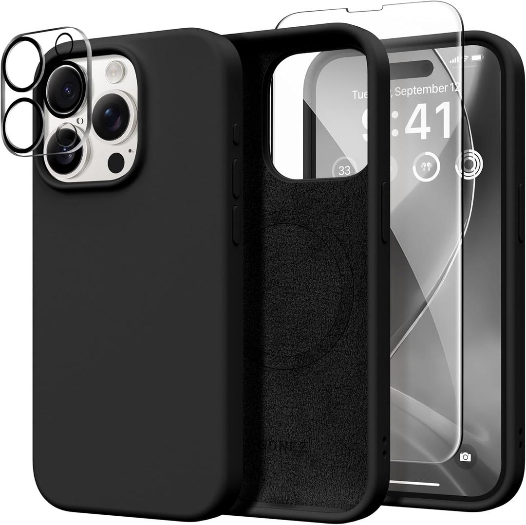 GONEZ Magnetic for iPhone 15 Pro Max Case, [Compatible with MagSafe] Anti-Scratch Microfiber Lining & Screen Protector, Shockproof Slim Phone Silicone Cover 6.7 inch, Black
