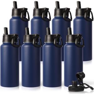 Neihepal 32 oz Insulated Water Bottles Bulk with 2 Lids (Straw & Spout Lid), Stainless Steel Double Wall Water Bottle, Keeps Cold 24H & Hot 12H (Navy,8 Pack)