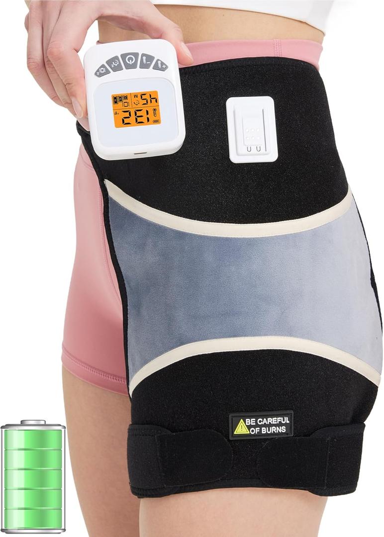 CAMECO 2-in-1 Cordless Hip Heating Pad with Massage for Sciatica Pain Relief, 5000mAh Battery & 104-140 Heated Hip Brace for Women Men Arthritis, Rechargeable Hip Massager Heat Pad for Home Office (Black/Gray)