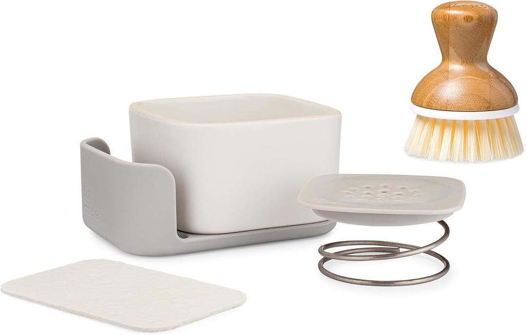 Full Circle Bubble Up Combo - Elegant Gray Ceramic Soap Dish with Eco Sponge & Bamboo-Handled Dish Brush - Versatile Natural Kitchen Cleaning Set Tool for Pots, Pans, Counter & Sink, White (1 Pack)