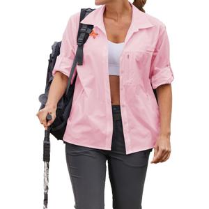 Pinspark Women's UPF 50+ Long Sleeve Quick Dry Outdoor Shirt with Pockets (Pink)