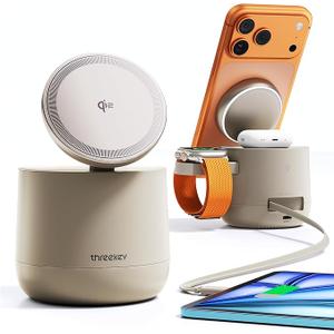 4 in 1 [Official MFI Qi2 PSE Certified] 15W Mag Safe Wireless Charging Station Dock, Threekey Apple Watch Mag Safe Charging Cube with Ambient Light for iPhone 16/15/14/13 12&iWatch&Airpods 4/3/2&iPad