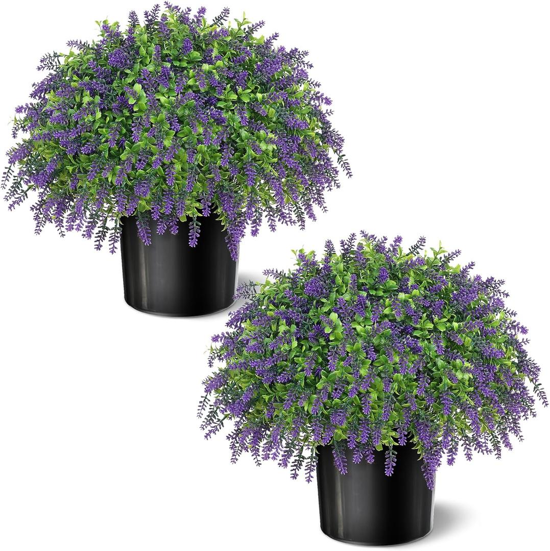 Artificial Boxwood Topiary Ball with Lavender - Set of 2 for Front Porch Decoration,Fake Bushes Potted Plants Faux Greenery Tree UV Resistant for Outdoor Indoor Garden Farmhouse Home Decor (Purple)
