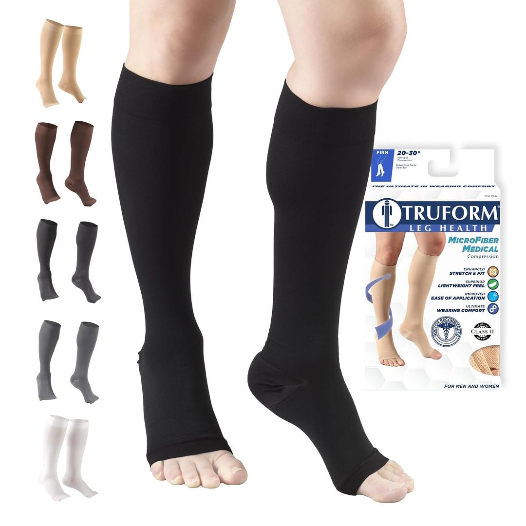 Truform 20-30 mmHg Medical Compression Stockings, Aloe Infused Microfiber, Knee High, Open Toe, Black, Large