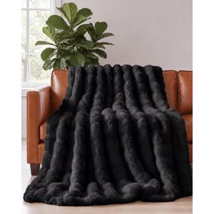 Faux Fur Throw Blanket - King Size Bubble Blanket - 90" x 108", Black